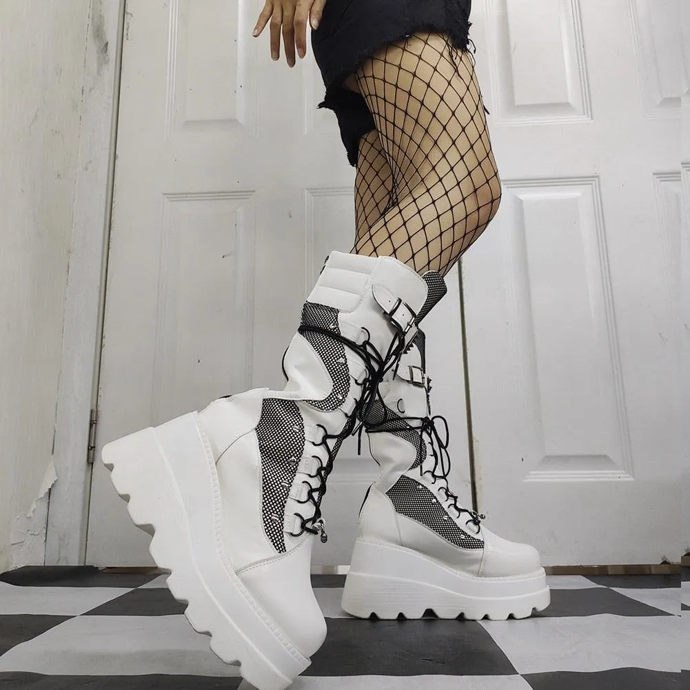 Gothic Platform Wedge Boots for Women - Knee High Black Lace-up Fashion by Bonjomarisa