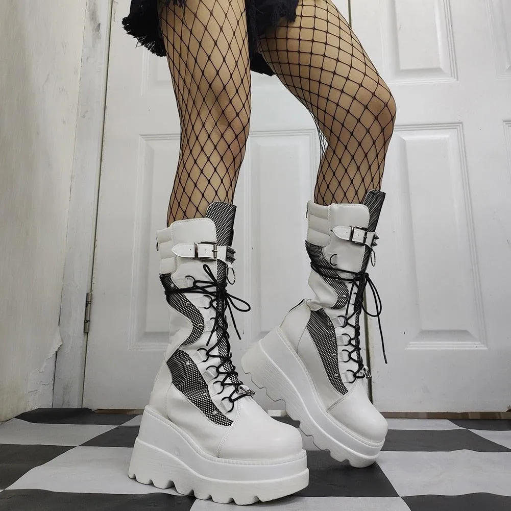 Gothic Platform Wedge Boots for Women - Knee High Black Lace-up Fashion by Bonjomarisa