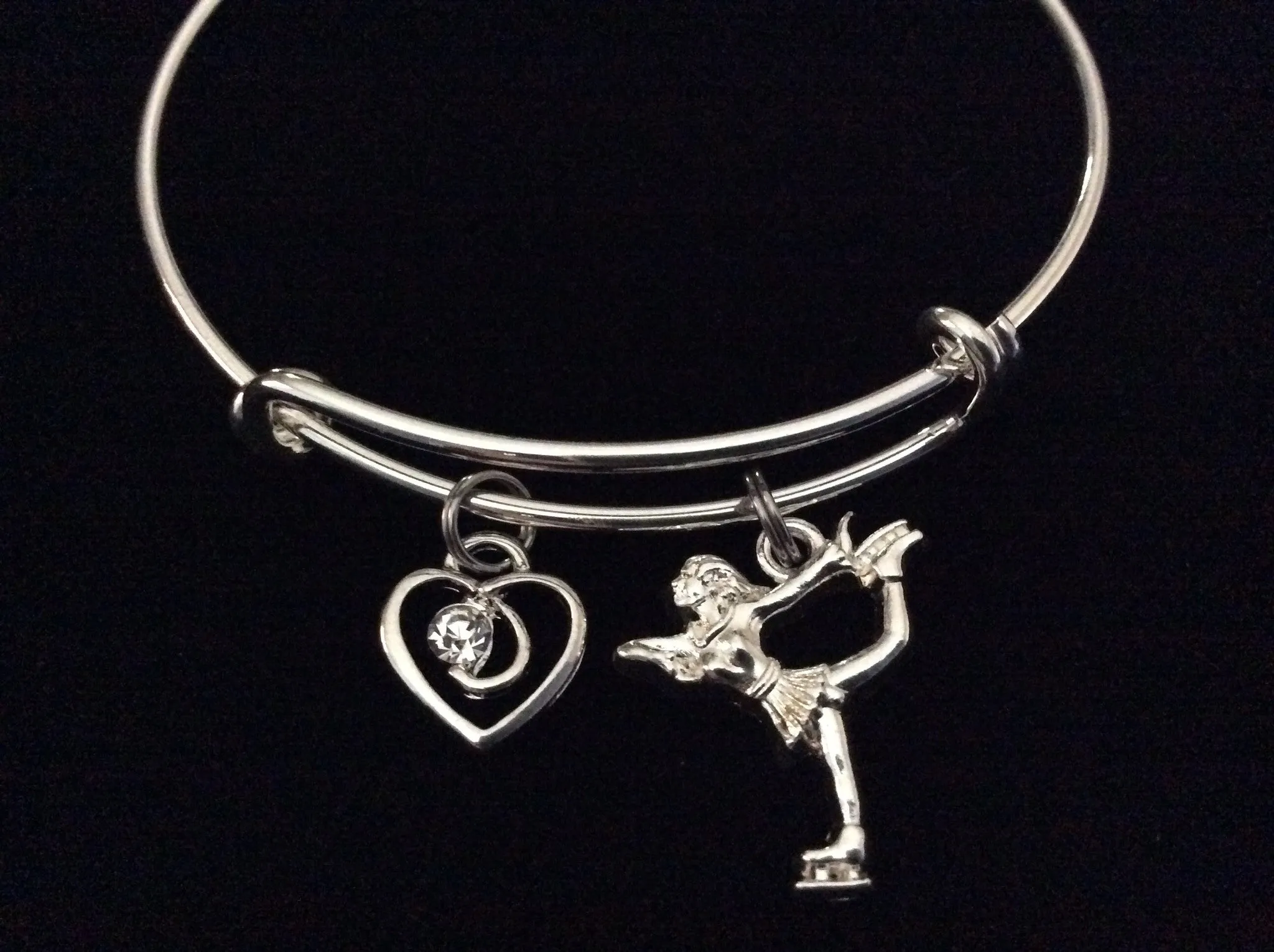 Graceful Skater Ice Skating with Crystal Heart Charm on Expandable Adjustable Wire Bangle Bracelet Trendy Gift Unique