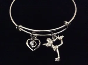 Graceful Skater Ice Skating with Crystal Heart Charm on Expandable Adjustable Wire Bangle Bracelet Trendy Gift Unique