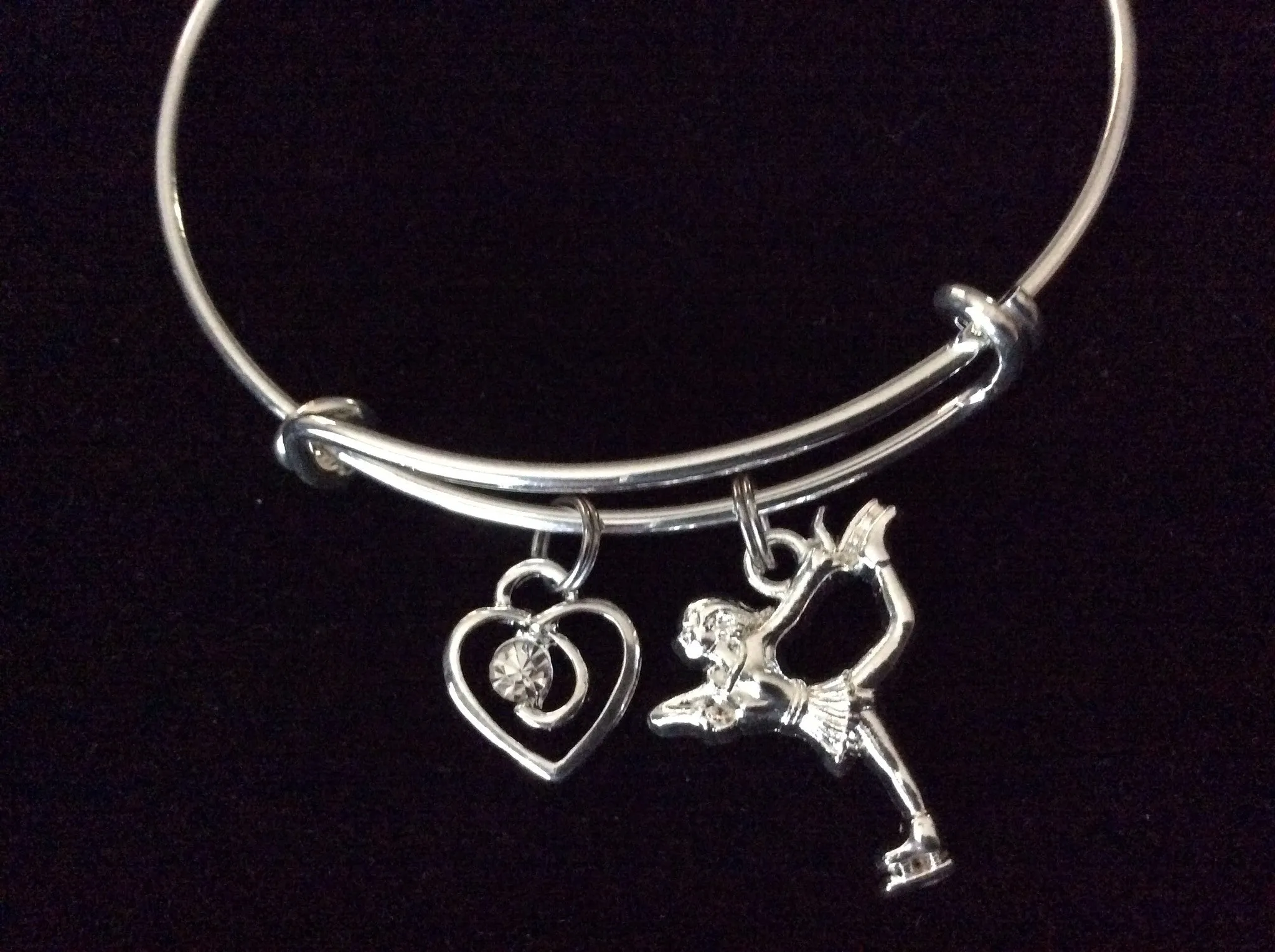 Graceful Skater Ice Skating with Crystal Heart Charm on Expandable Adjustable Wire Bangle Bracelet Trendy Gift Unique