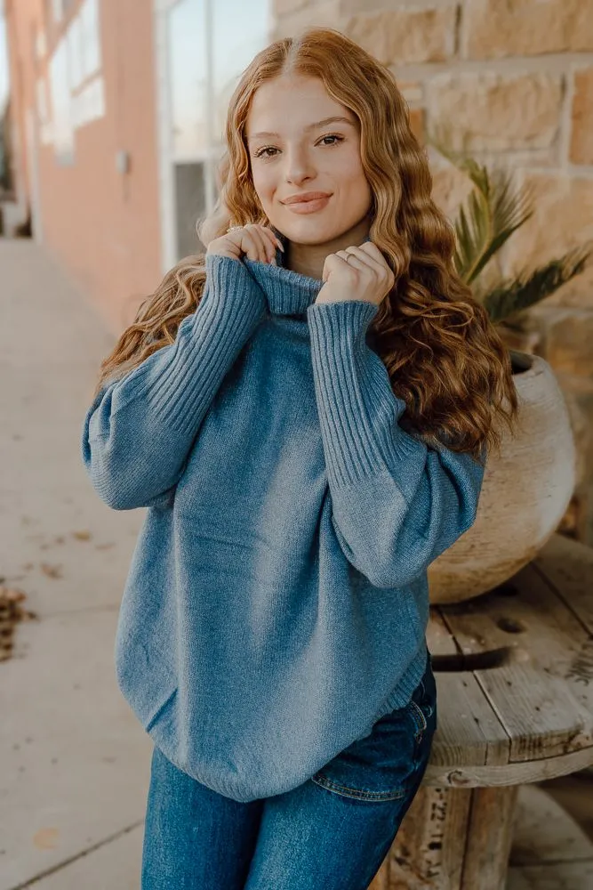 Gray Blue Turtleneck Long Sleeve Sweater DZ24E429