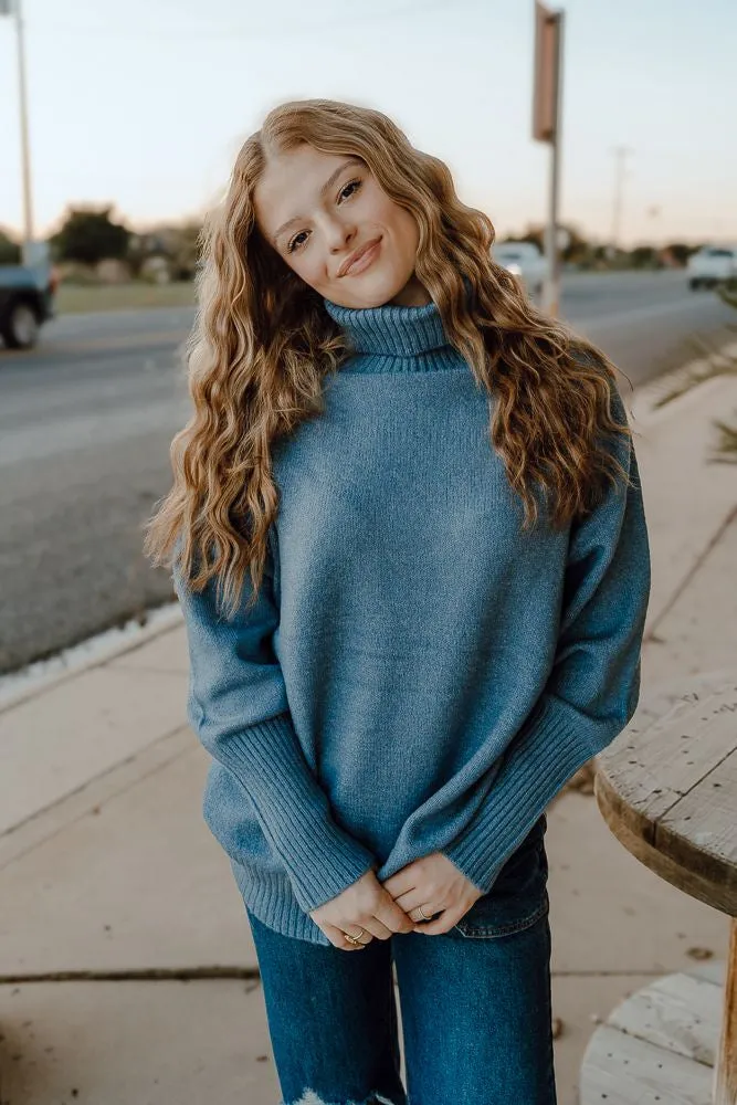 Gray Blue Turtleneck Long Sleeve Sweater DZ24E429