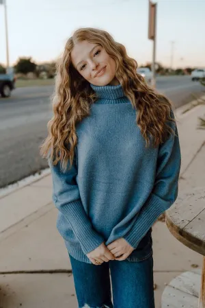 Gray Blue Turtleneck Long Sleeve Sweater DZ24E429