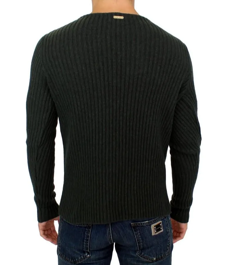 Gray Knitted Wool Blend Pullover Sweater