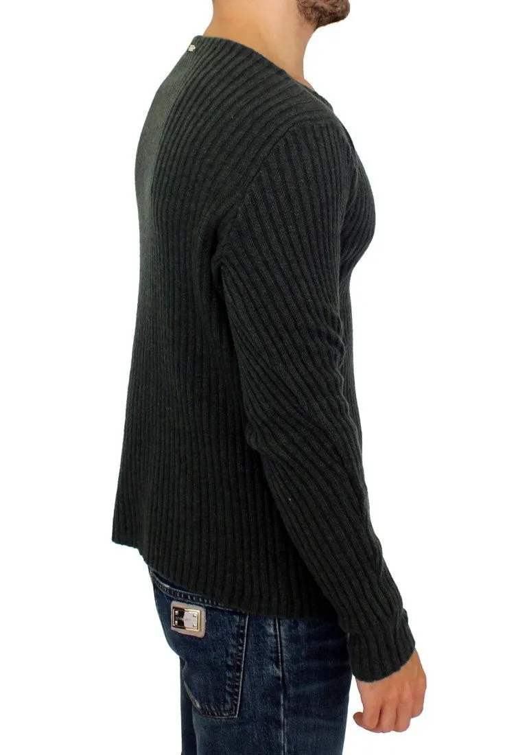 Gray Knitted Wool Blend Pullover Sweater