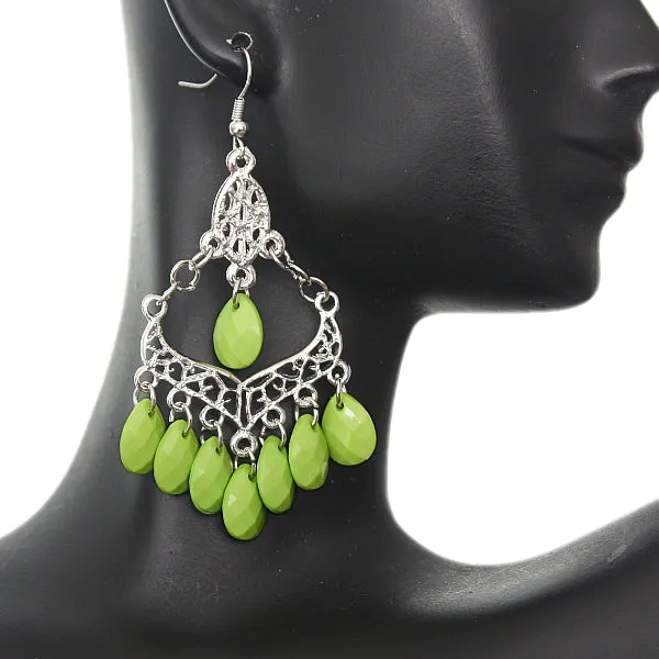 Green Beaded Chandelier Dangle Earrings