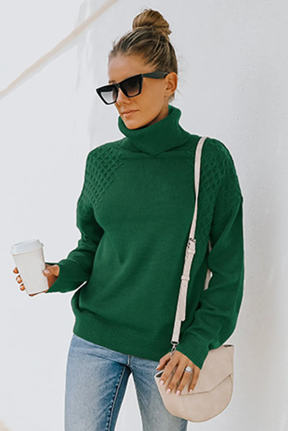 Green Turtleneck Knitted Pullover Sweater