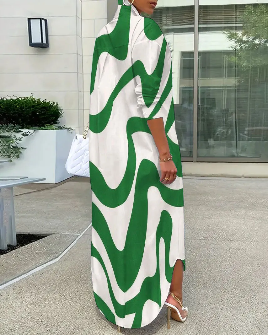 Green Wavy Stripes Loose Shirt Button Dress
