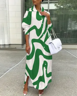 Green Wavy Stripes Loose Shirt Button Dress