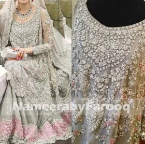 Grey Fershi Lahanga With Pink & SIlver Zaree Nugh Dabka Thread Flower Work Model#W 155