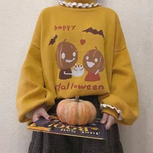 Halloween Sweaters Women Autumn Cute Pumpkin Pattern Turtleneck Lantern Sleeve Loose Pullovers Kawaii Clothes