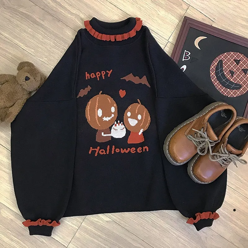 Halloween Sweaters Women Autumn Cute Pumpkin Pattern Turtleneck Lantern Sleeve Loose Pullovers Kawaii Clothes