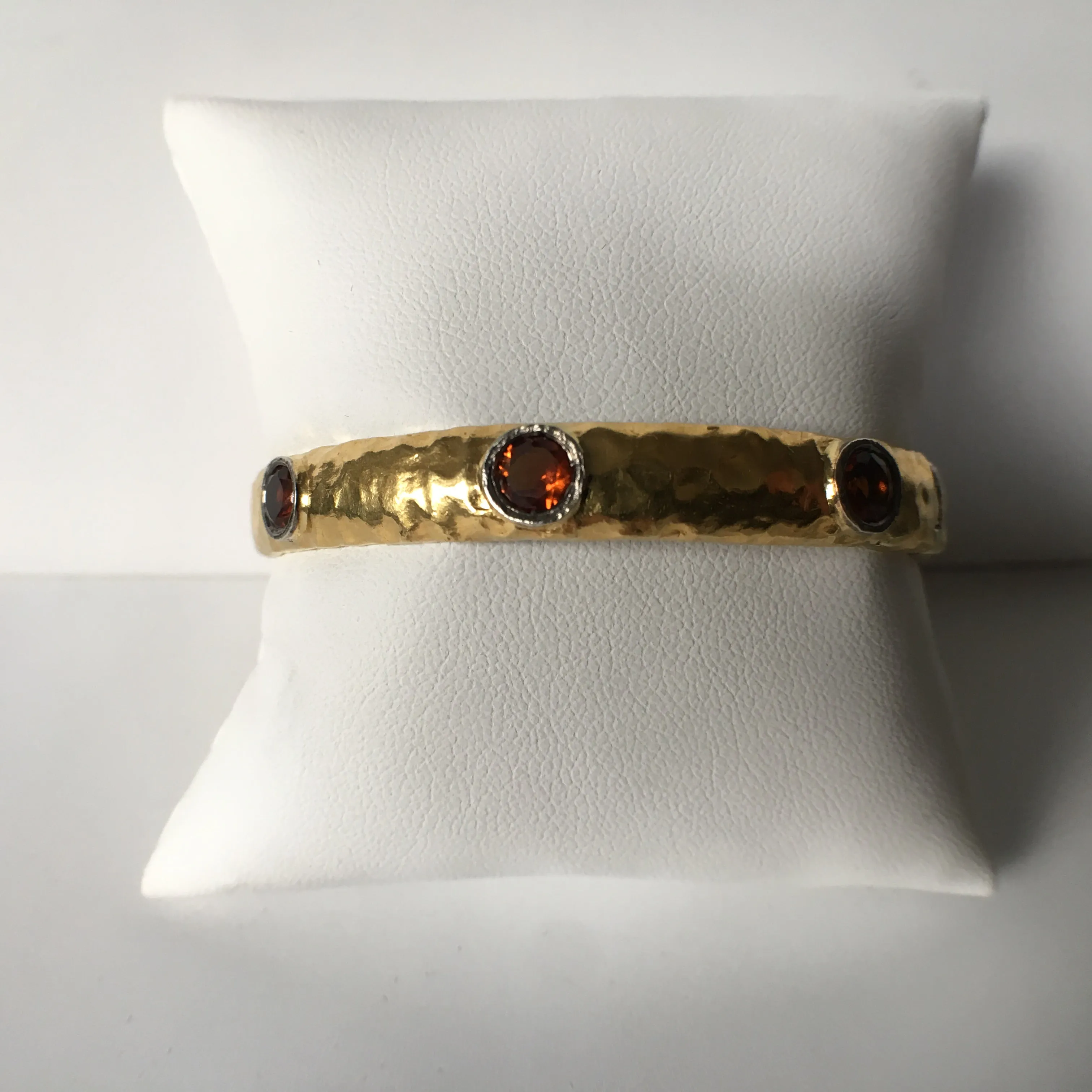 Hammered Gold Bracelet with Garnet Hue Citrine & Silver Bangle - 24K