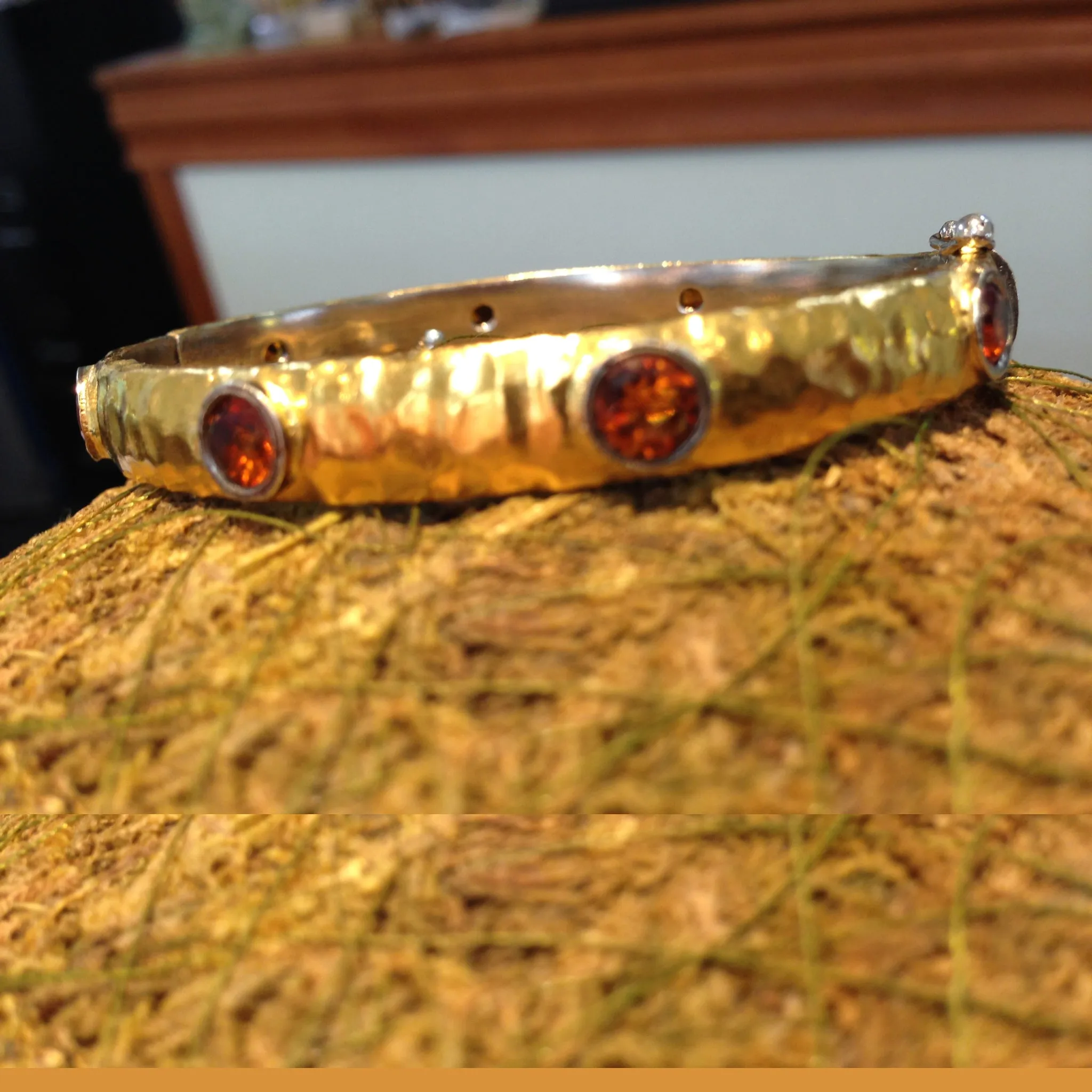 Hammered Gold Bracelet with Garnet Hue Citrine & Silver Bangle - 24K