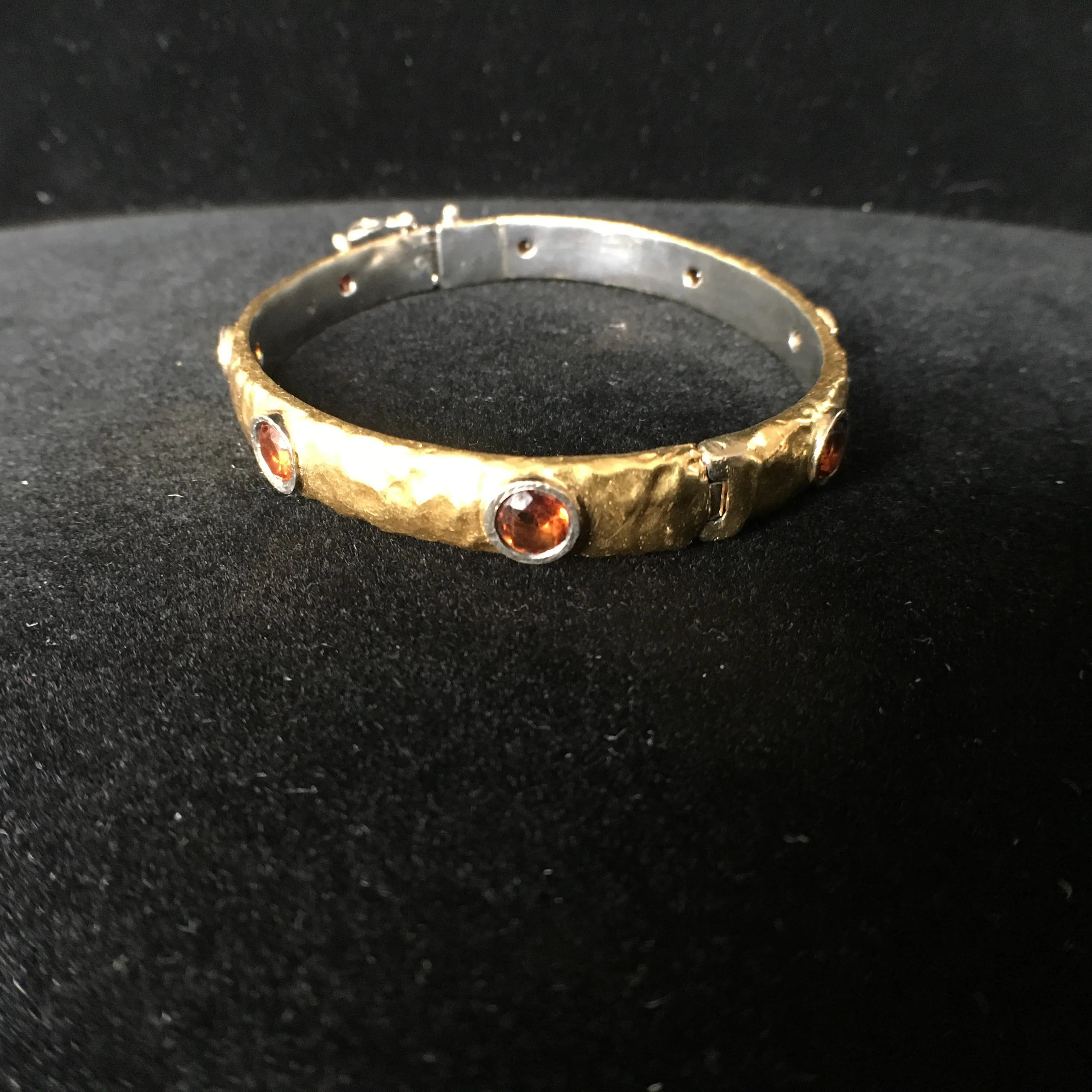 Hammered Gold Bracelet with Garnet Hue Citrine & Silver Bangle - 24K
