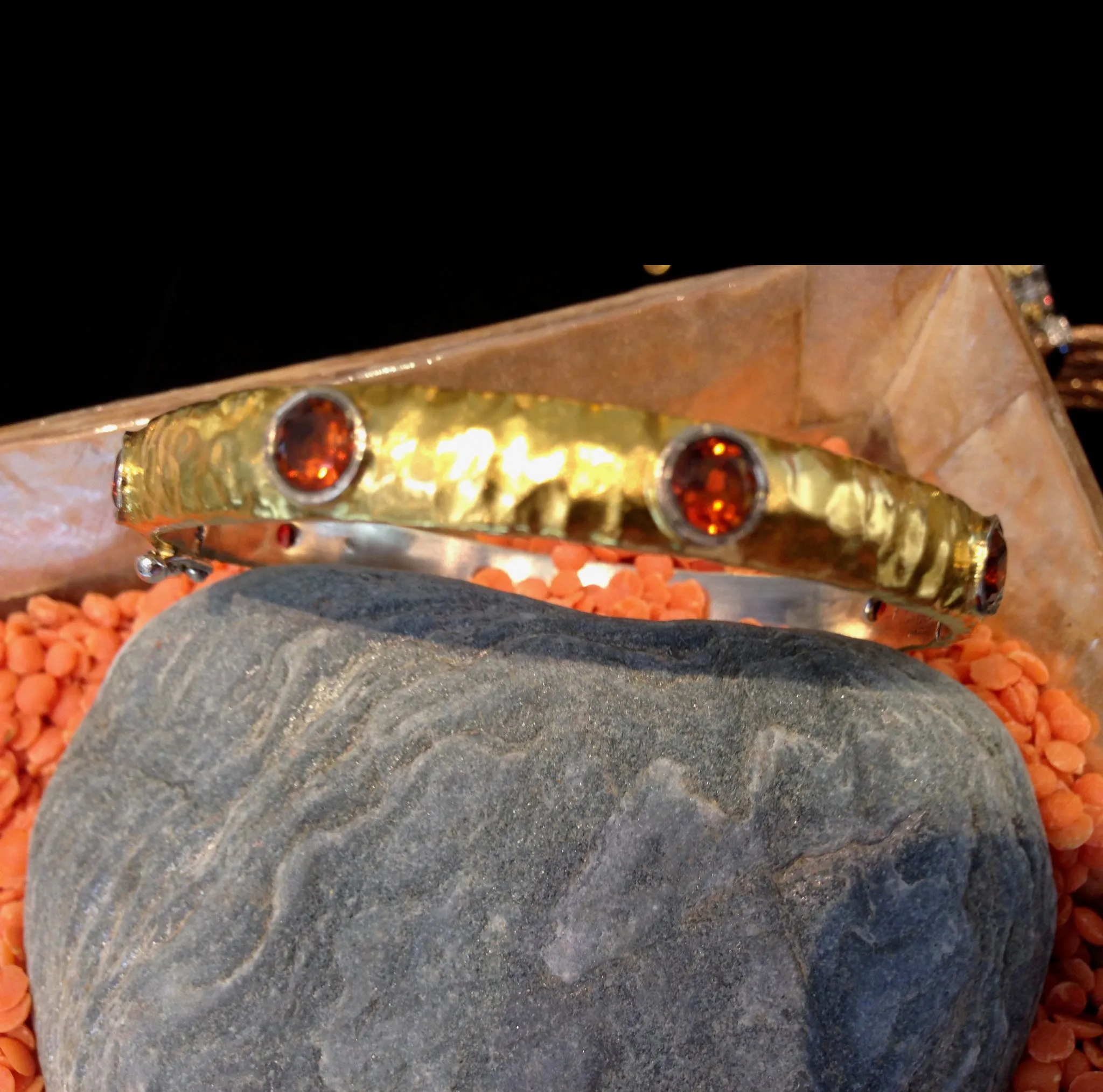 Hammered Gold Bracelet with Garnet Hue Citrine & Silver Bangle - 24K