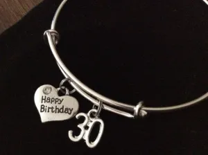 Happy 30th Birthday Expandable Charm Bracelets Adjustable Bangle Trendy Gift (Other Numbers Available)