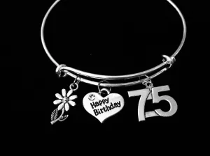 Happy 75th Birthday Jewelry Silver Expandable Charm Bracelet 75 year old Birthday One Size Fits All Gift