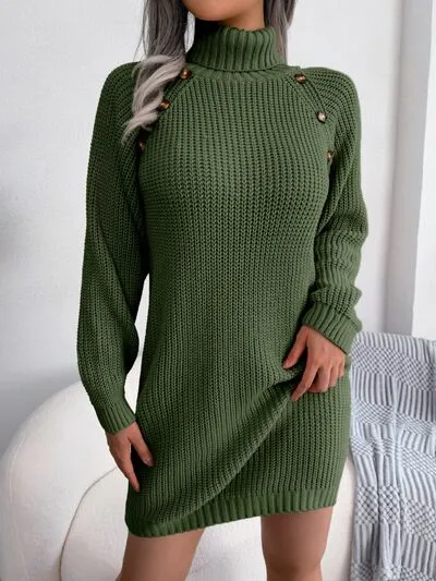 Hazel Blues® |  Decorative Button Turtleneck Sweater Dress