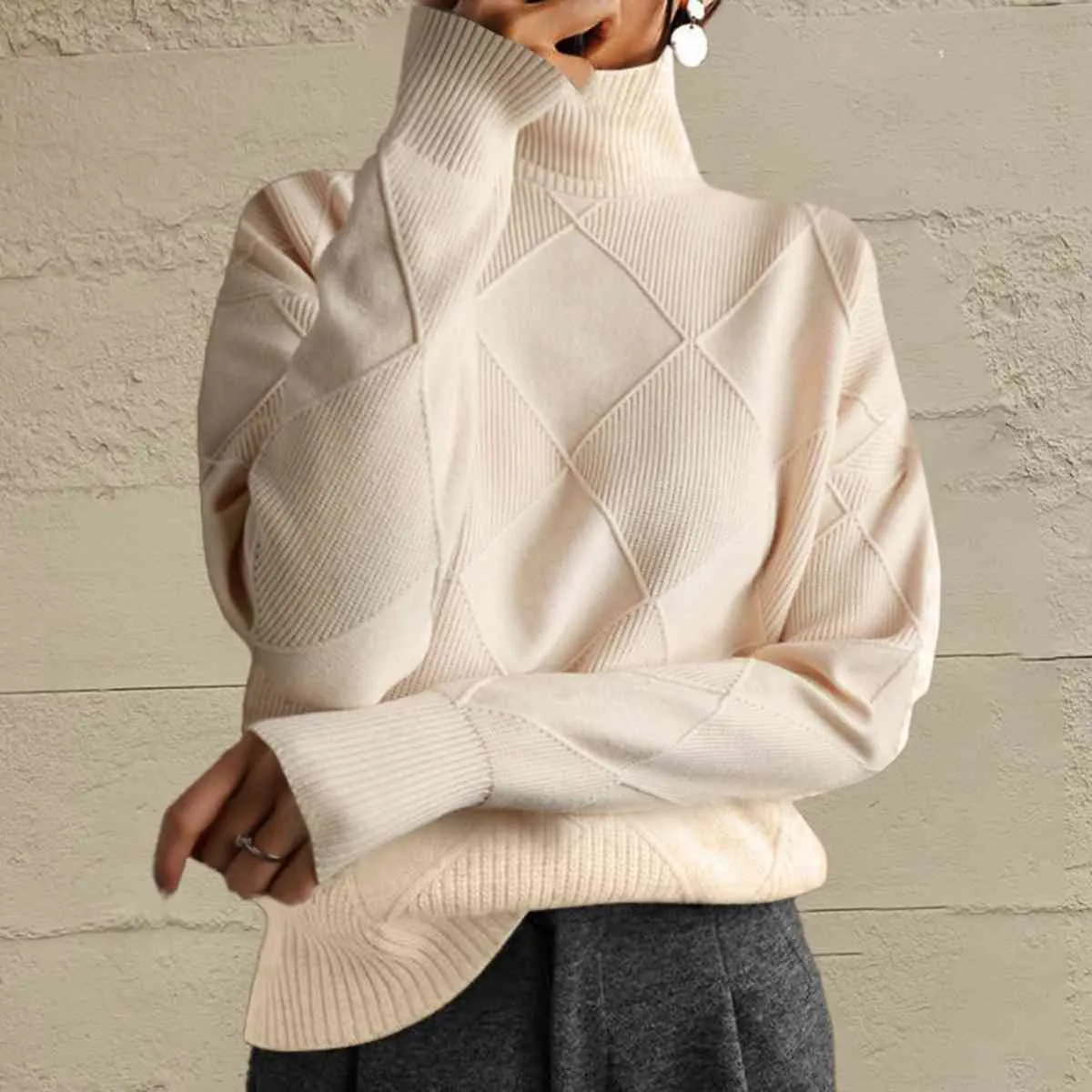Hazel Blues® |  Geometric Turtleneck Long Sleeve Sweater