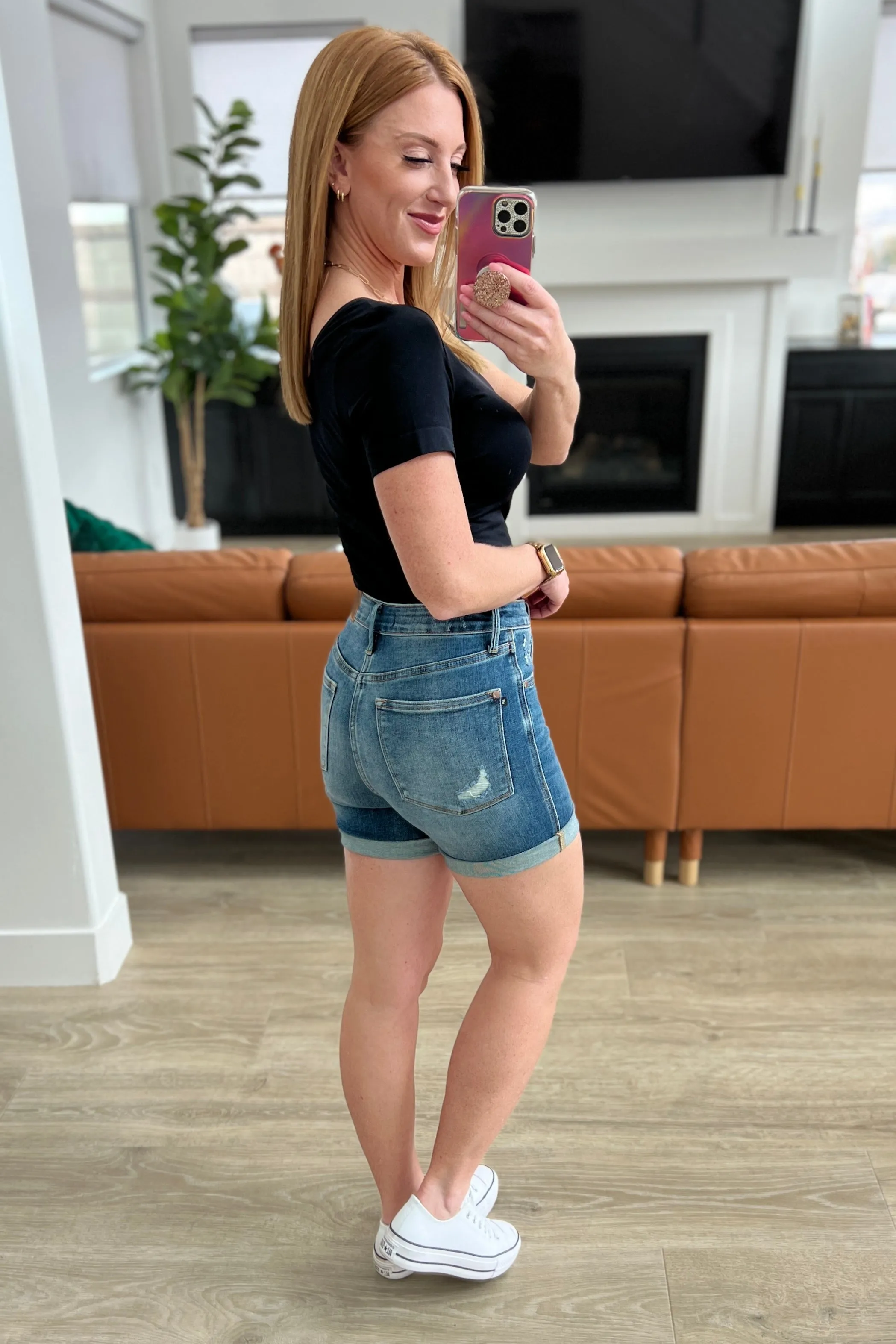 Hazel Blues® |  Jessica High Rise Control Top Vintage Wash Cuffed Shorts