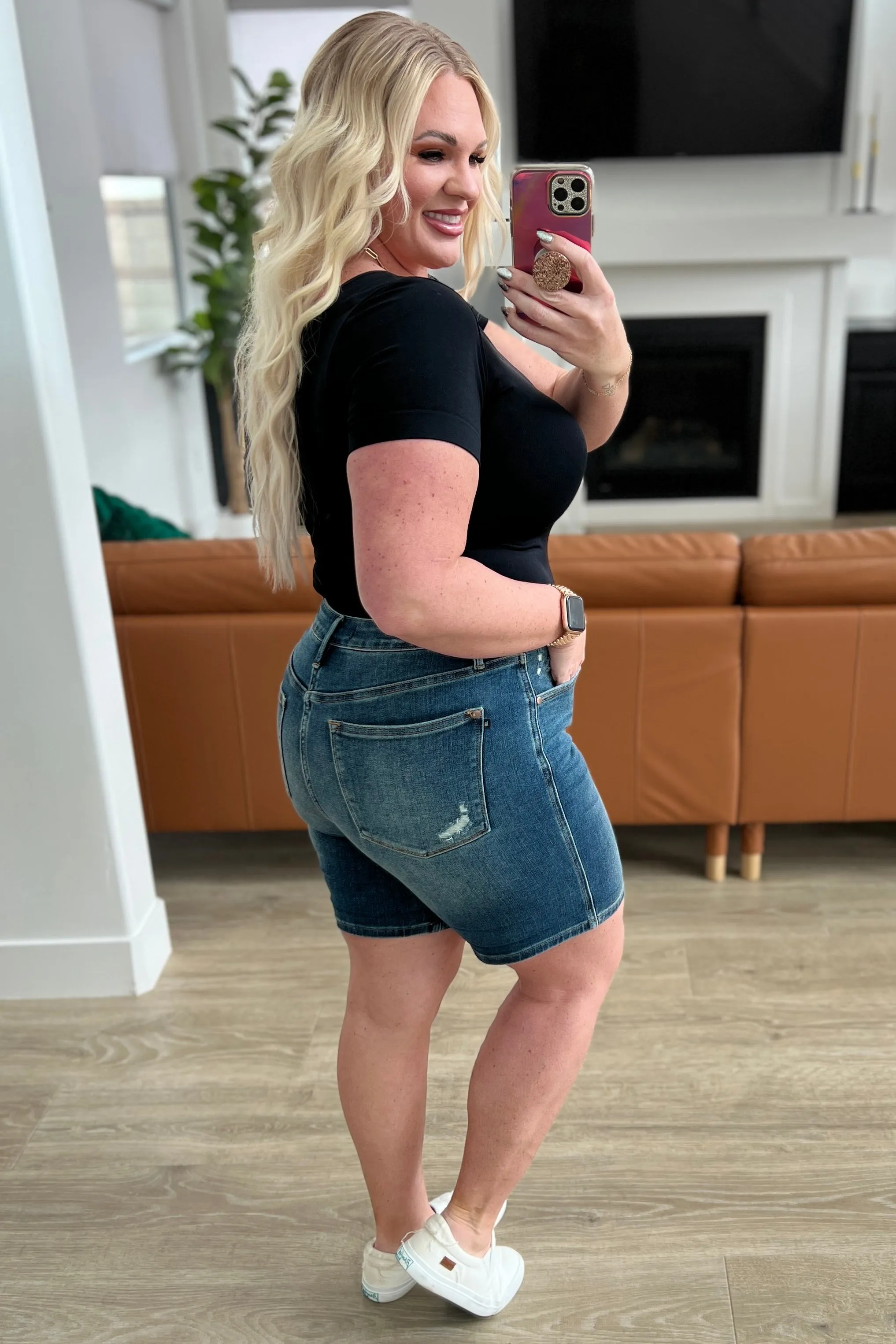 Hazel Blues® |  Jessica High Rise Control Top Vintage Wash Cuffed Shorts