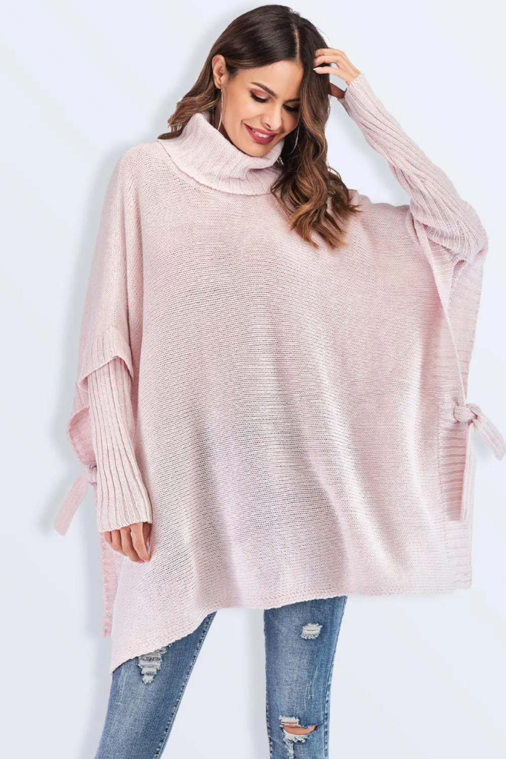 Hazel Blues® | Tied Turtleneck Asymmetrical Hem Sweater