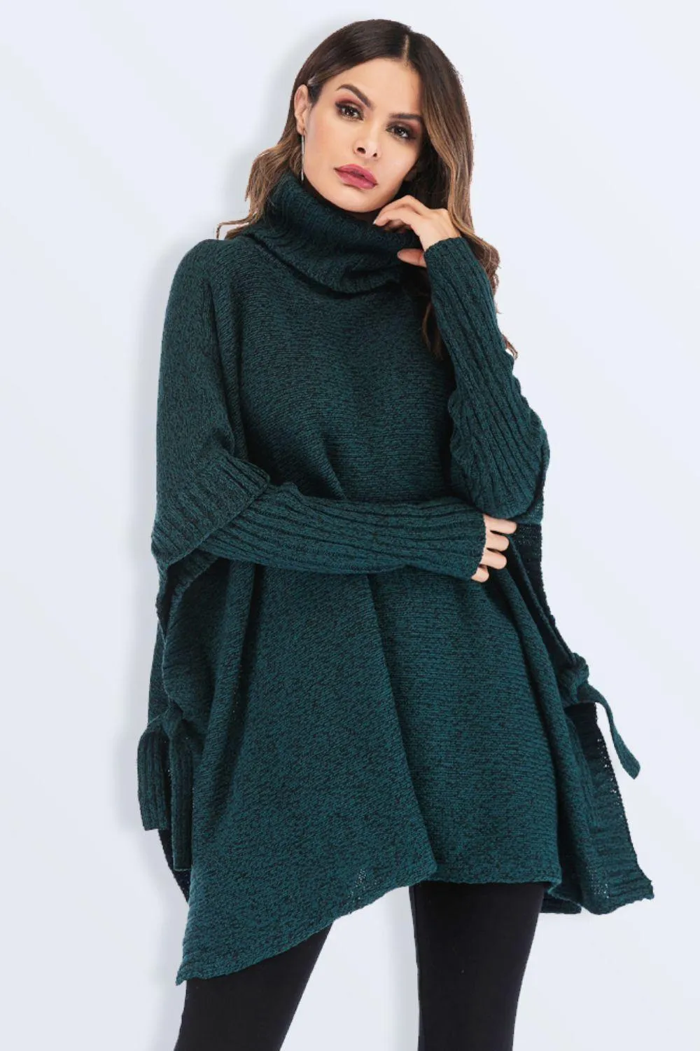 Hazel Blues® | Tied Turtleneck Asymmetrical Hem Sweater