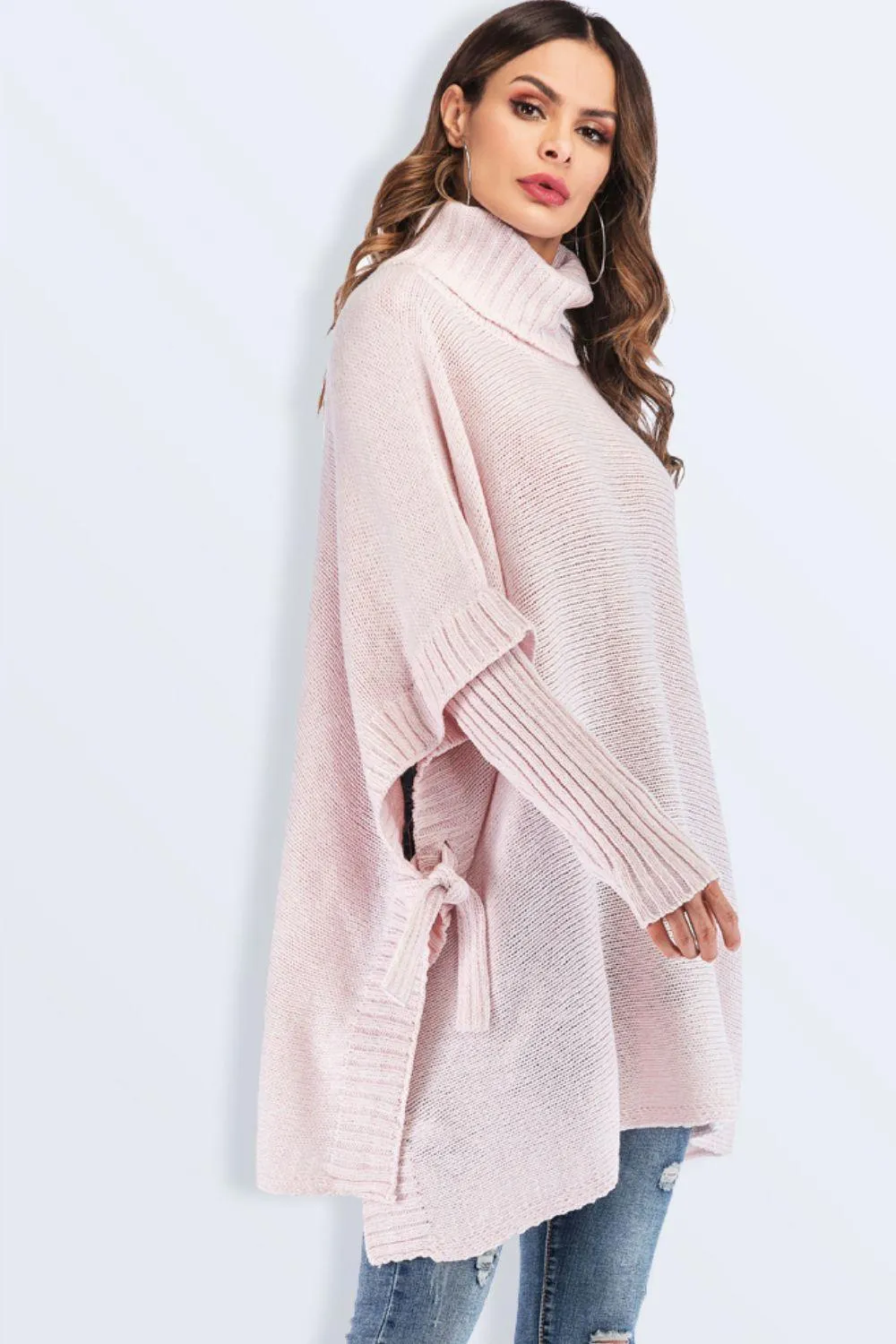 Hazel Blues® | Tied Turtleneck Asymmetrical Hem Sweater