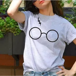 Heather Grey Harry Glasses Cotton Printed T-shirt For Womens