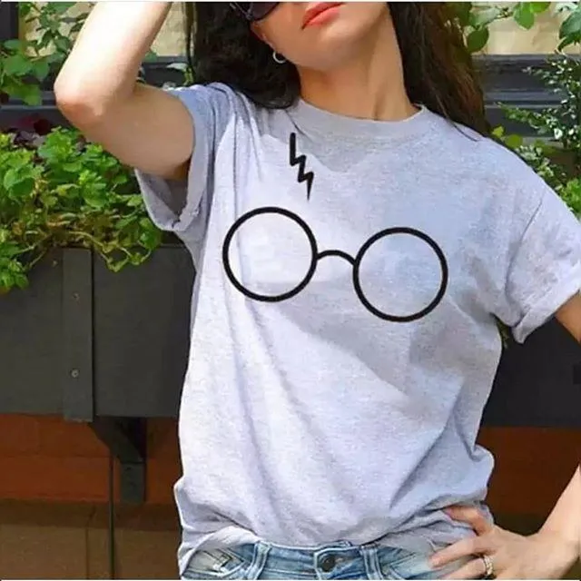 Heather Grey Harry Glasses Cotton Printed T-shirt For Womens