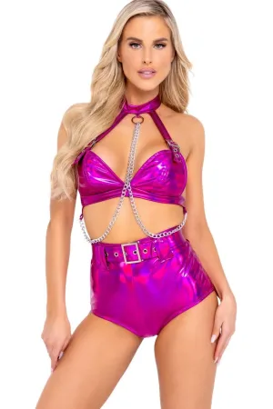 Holographic High-Waisted Shorts with Belt