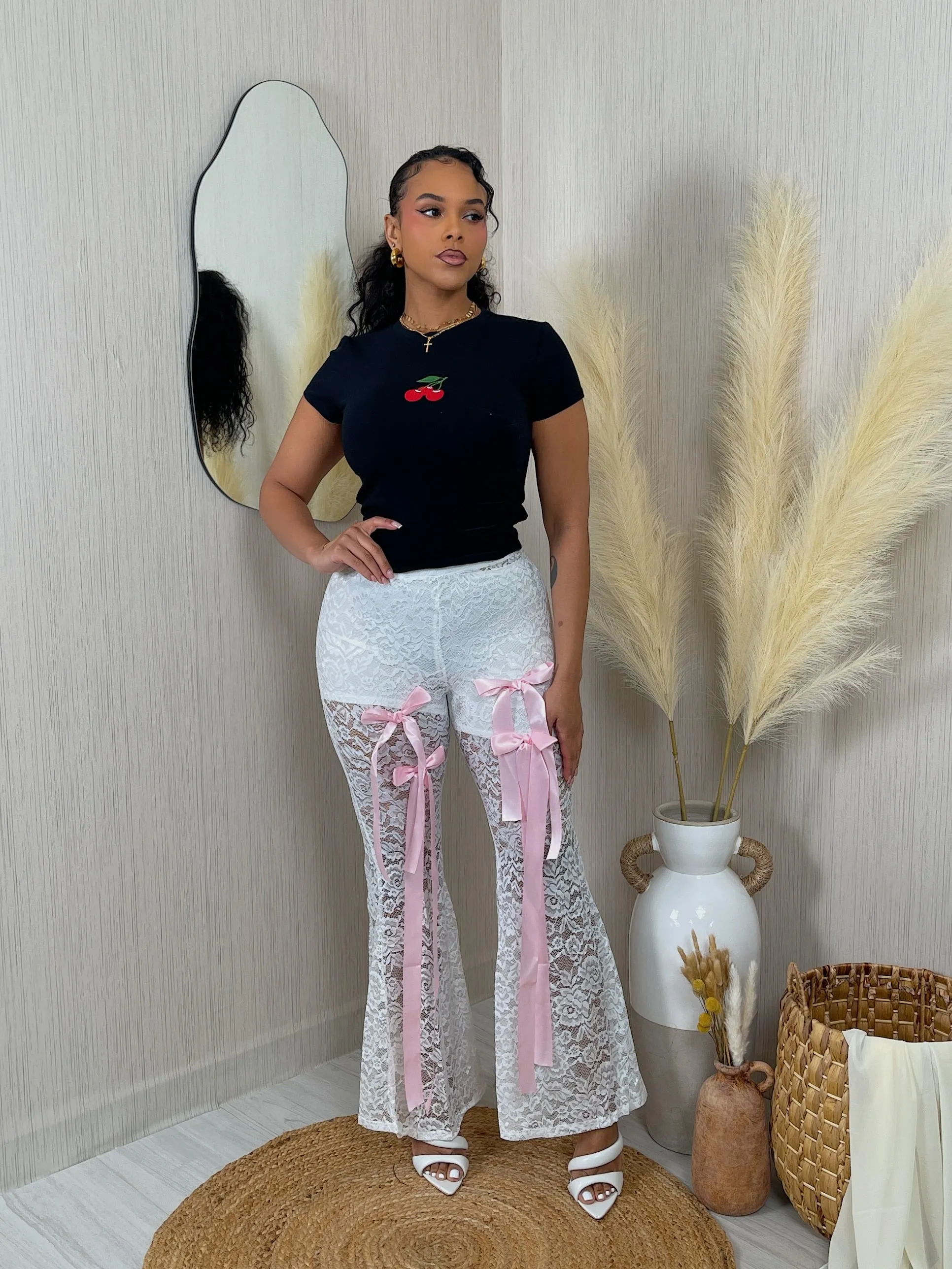 HP1926P - HW BOW DETAIL FLARE LACE PANTS