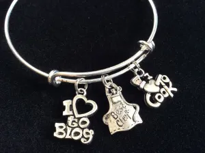 I Love to Blog I Love to Cook Silver Bangle Bracelet Adjustable Expandable Chef Gift Cooking Blog Internet Trendy