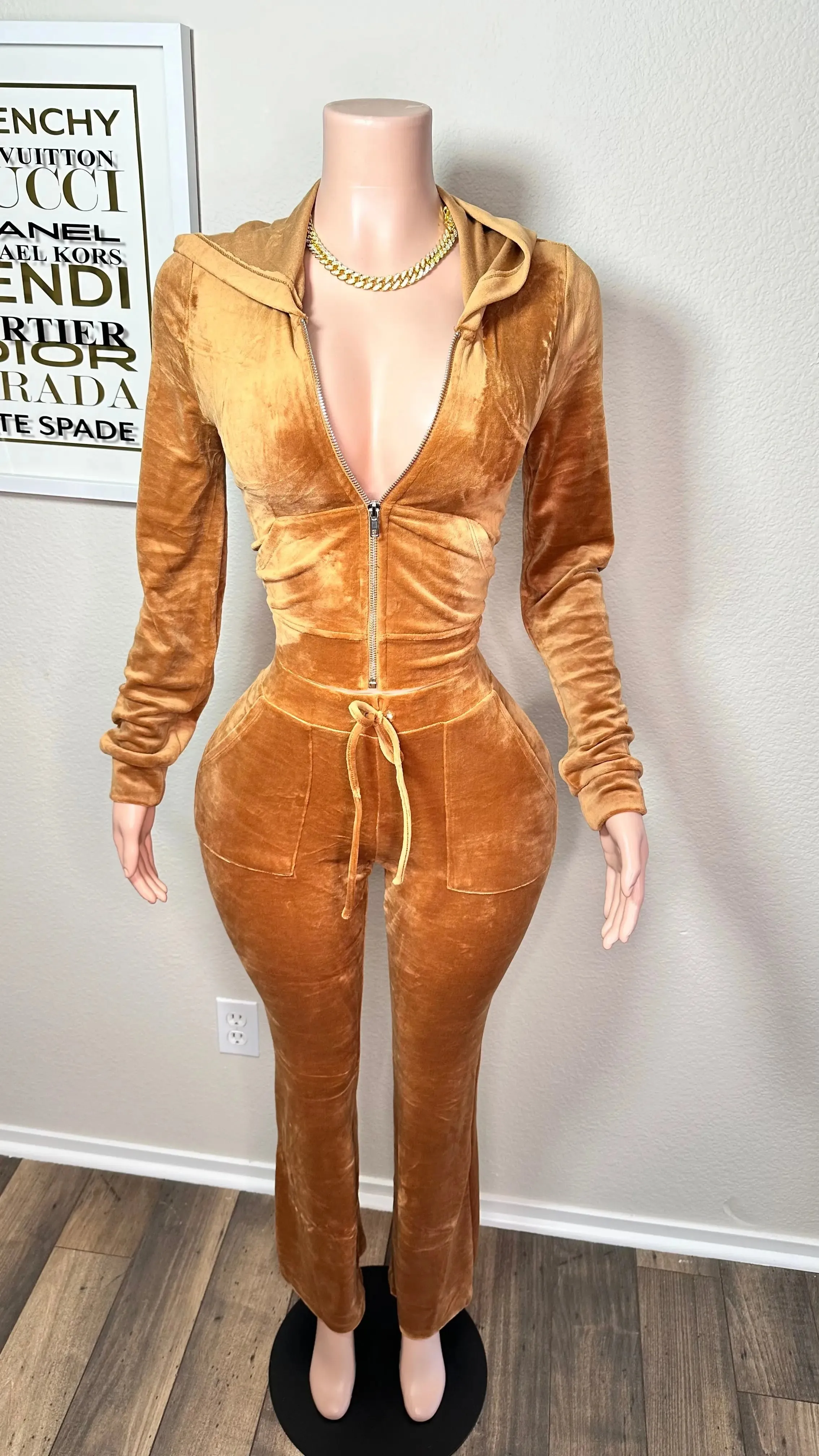 IM JUST A GIRL VELOUR FLARE LEG PANT SET (CAMEL)