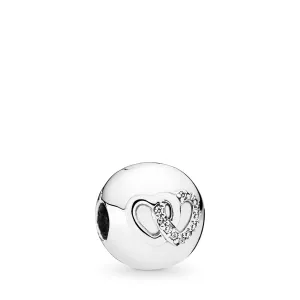 Interlocked hearts silver clip with clear cubic zirconia