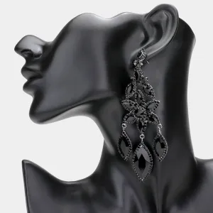 Jet Black Flower Triple Marquise Stone Chandelier Evening Earrings   | Statement Earrings | 608505