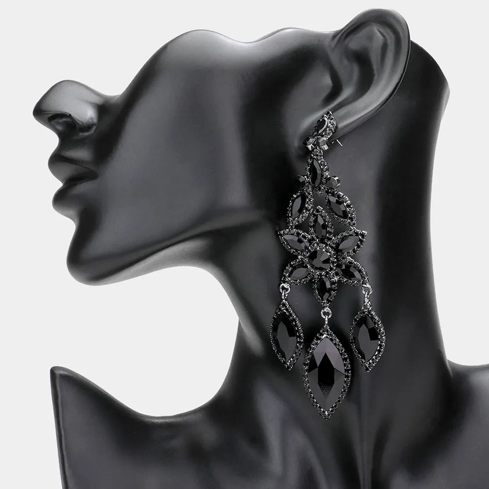 Jet Black Flower Triple Marquise Stone Chandelier Evening Earrings   | Statement Earrings | 608505