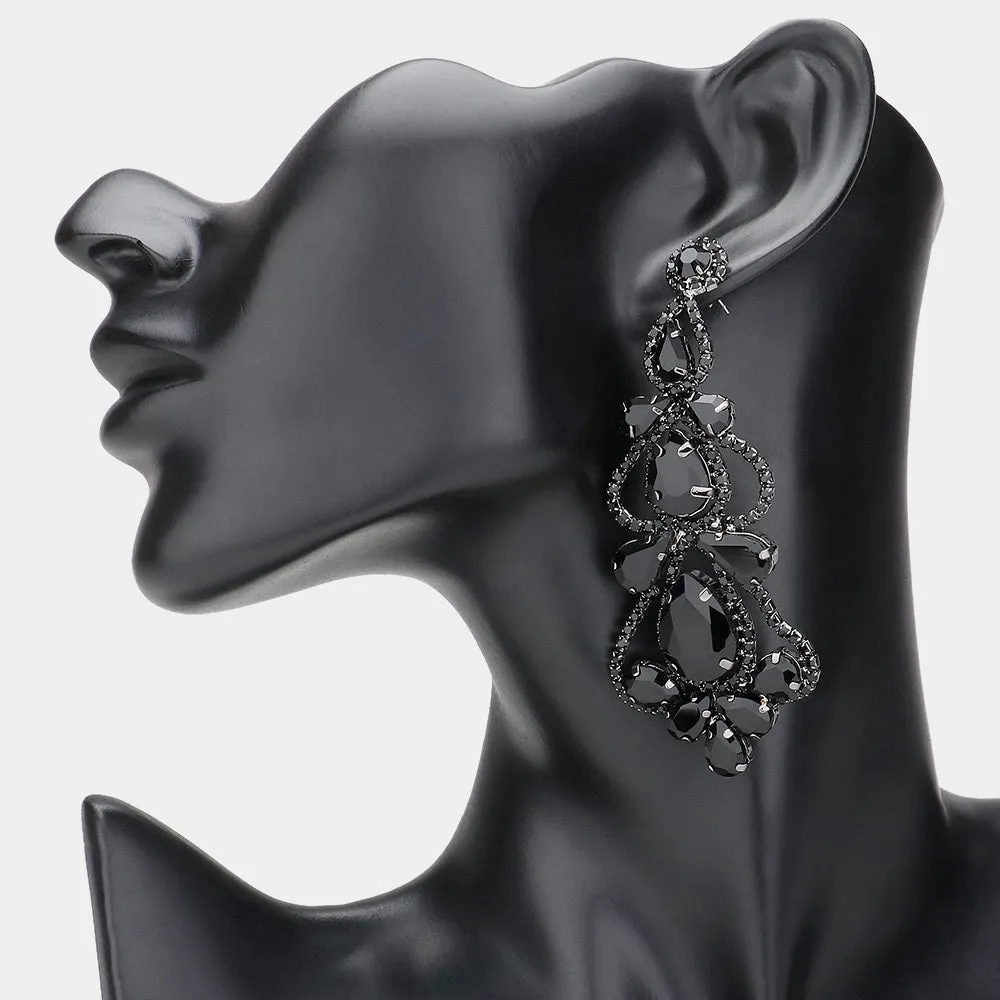 Jet Black Teardrop Cluster Chandelier Pageant Earrings  | Jet Black Evening Earrings |  630816