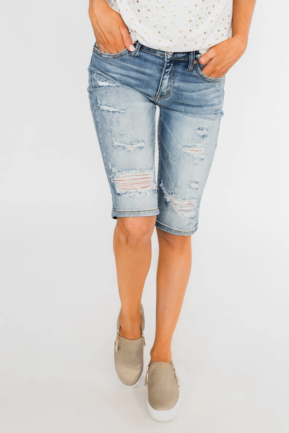 KanCan Distressed Bermuda Shorts- Ciara Wash