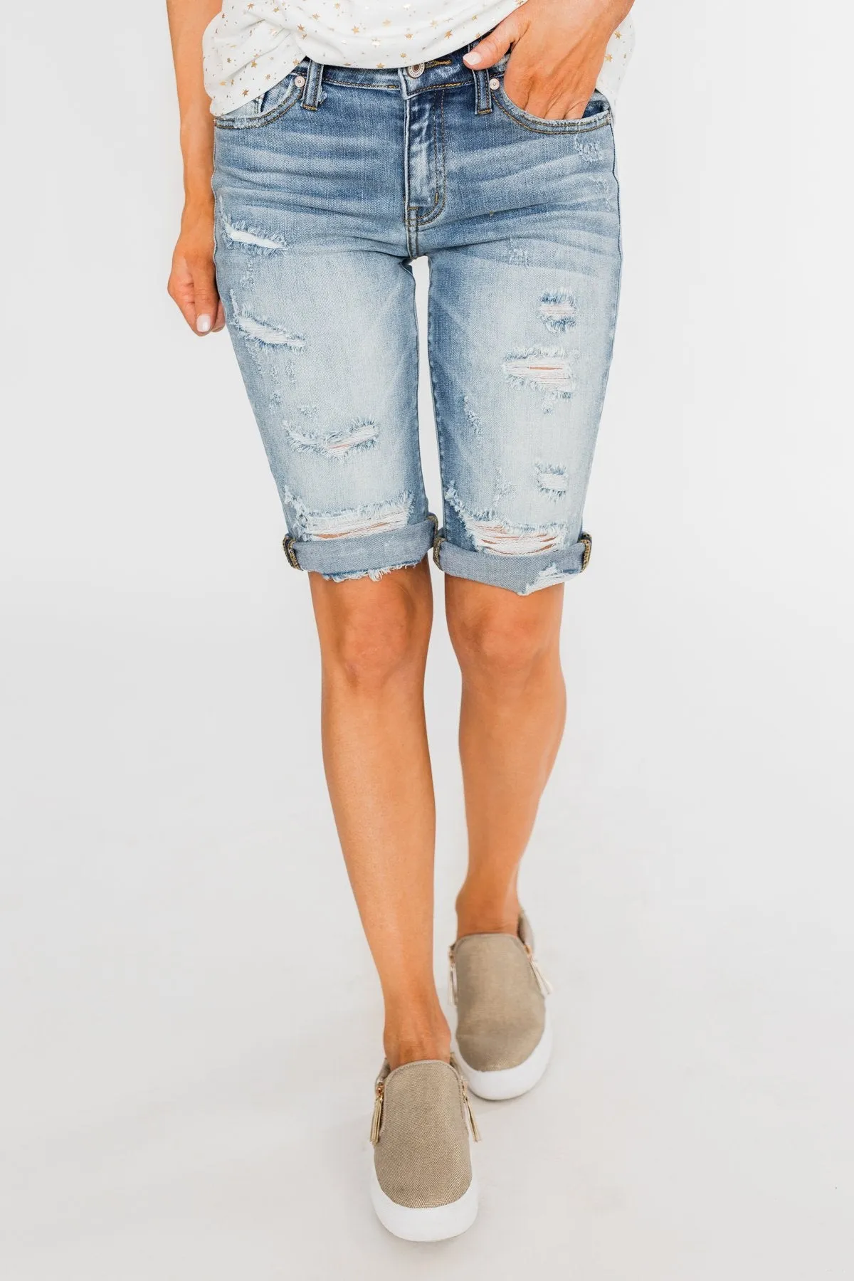 KanCan Distressed Bermuda Shorts- Ciara Wash