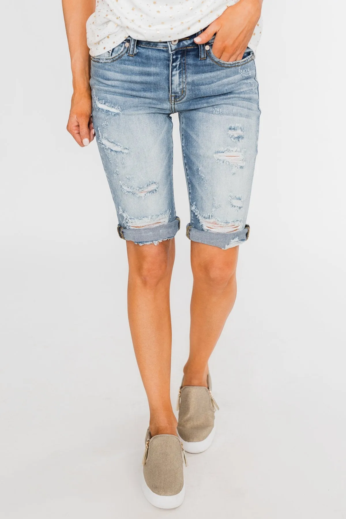 KanCan Distressed Bermuda Shorts- Ciara Wash