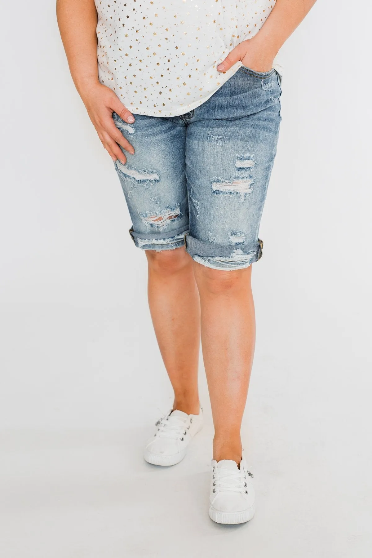 KanCan Distressed Bermuda Shorts- Ciara Wash