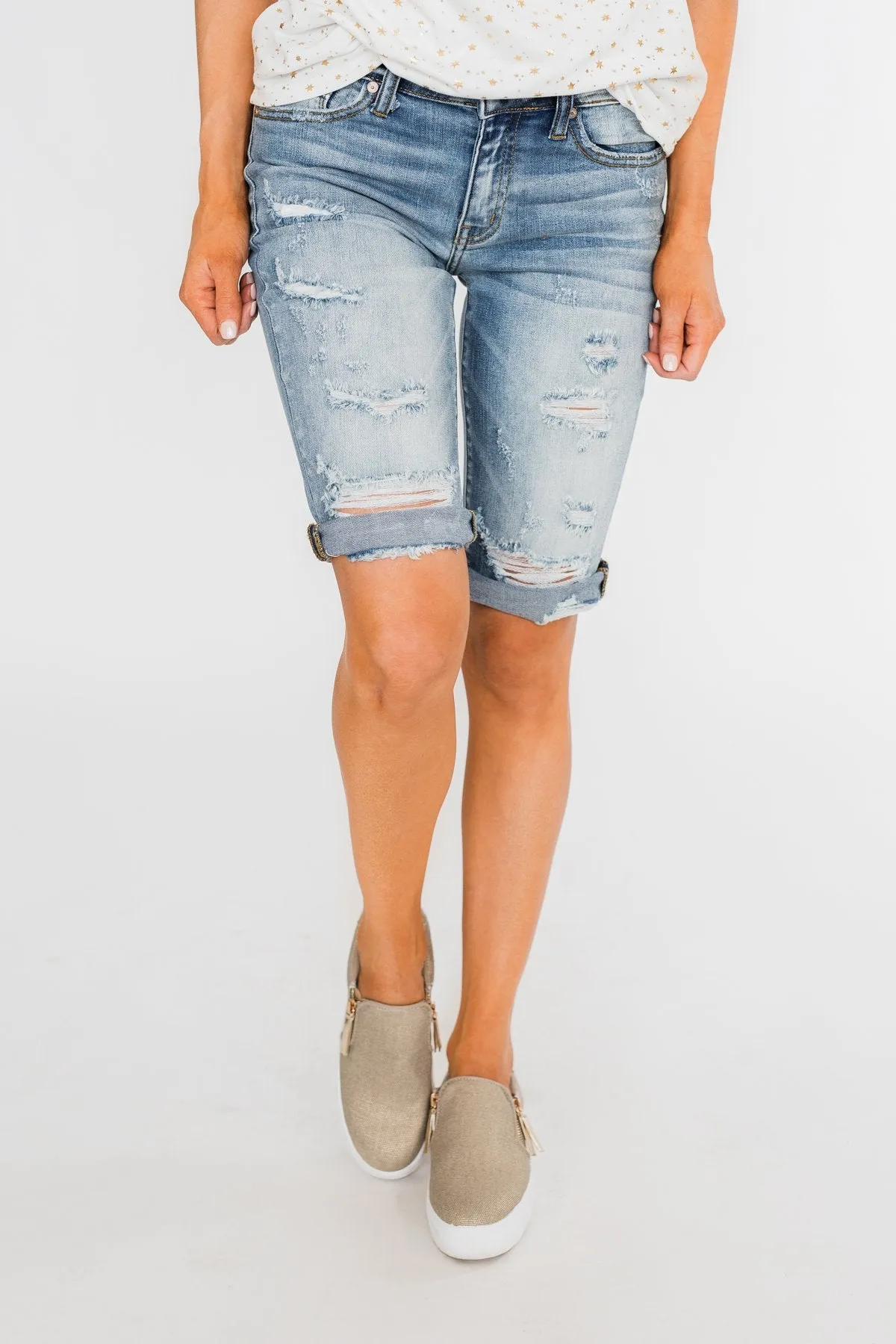 KanCan Distressed Bermuda Shorts- Ciara Wash
