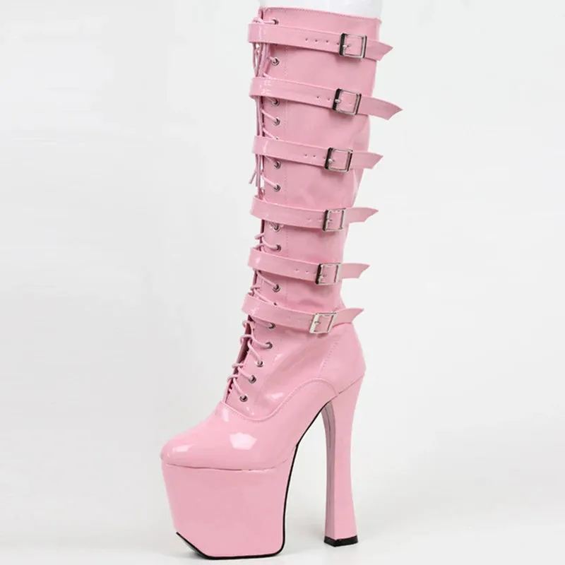 Knee-High Boots 8" Super High Chunky Heel Platform Buckle Straps Block Heels Knee Long Boots