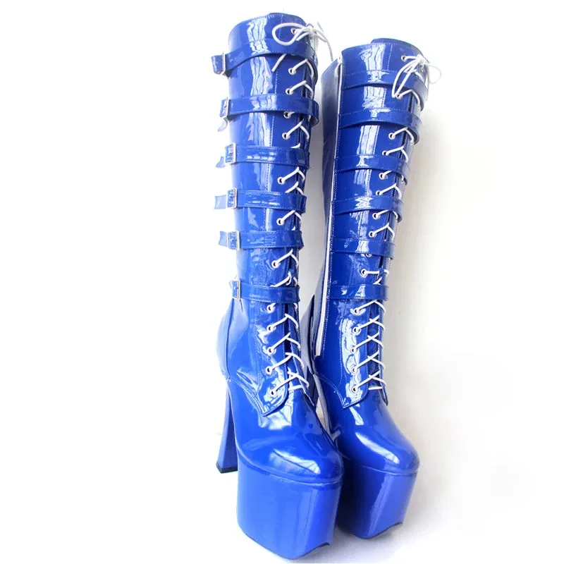 Knee-High Boots 8" Super High Chunky Heel Platform Buckle Straps Block Heels Knee Long Boots