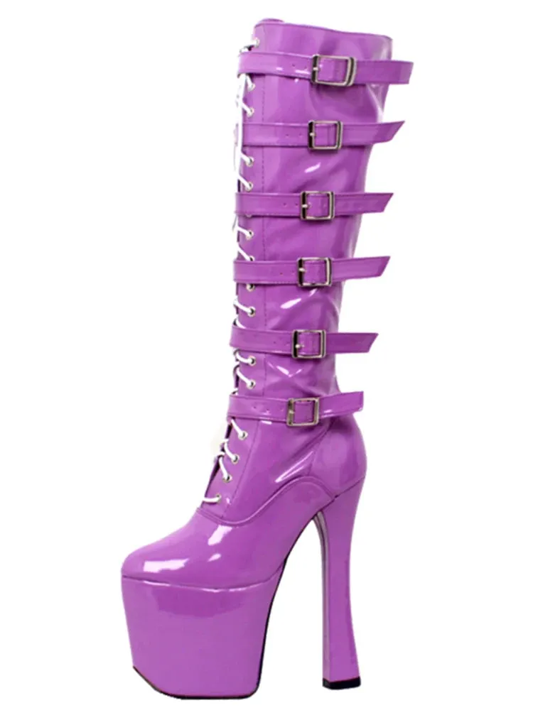 Knee-High Boots 8" Super High Chunky Heel Platform Buckle Straps Block Heels Knee Long Boots