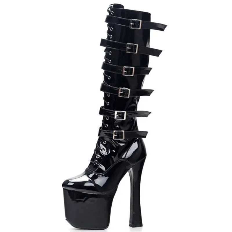 Knee-High Boots 8" Super High Chunky Heel Platform Buckle Straps Block Heels Knee Long Boots