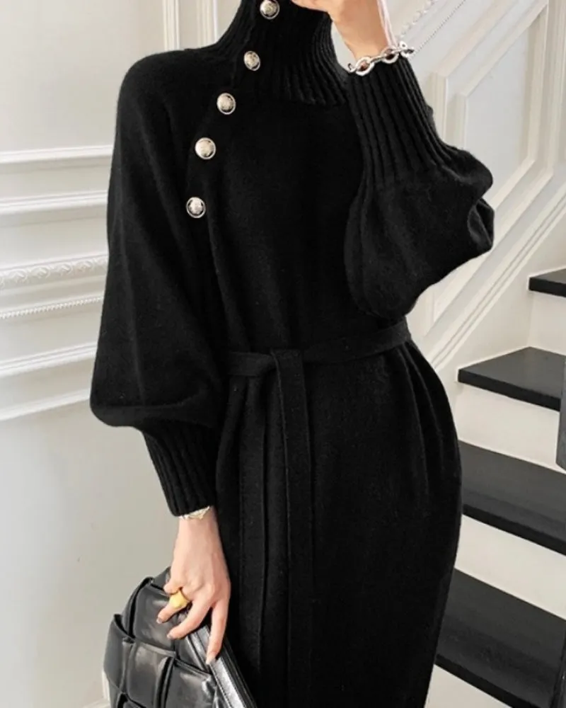 Knit High Collar Lace-up Puff Sleeve Sweater Midi Dresses